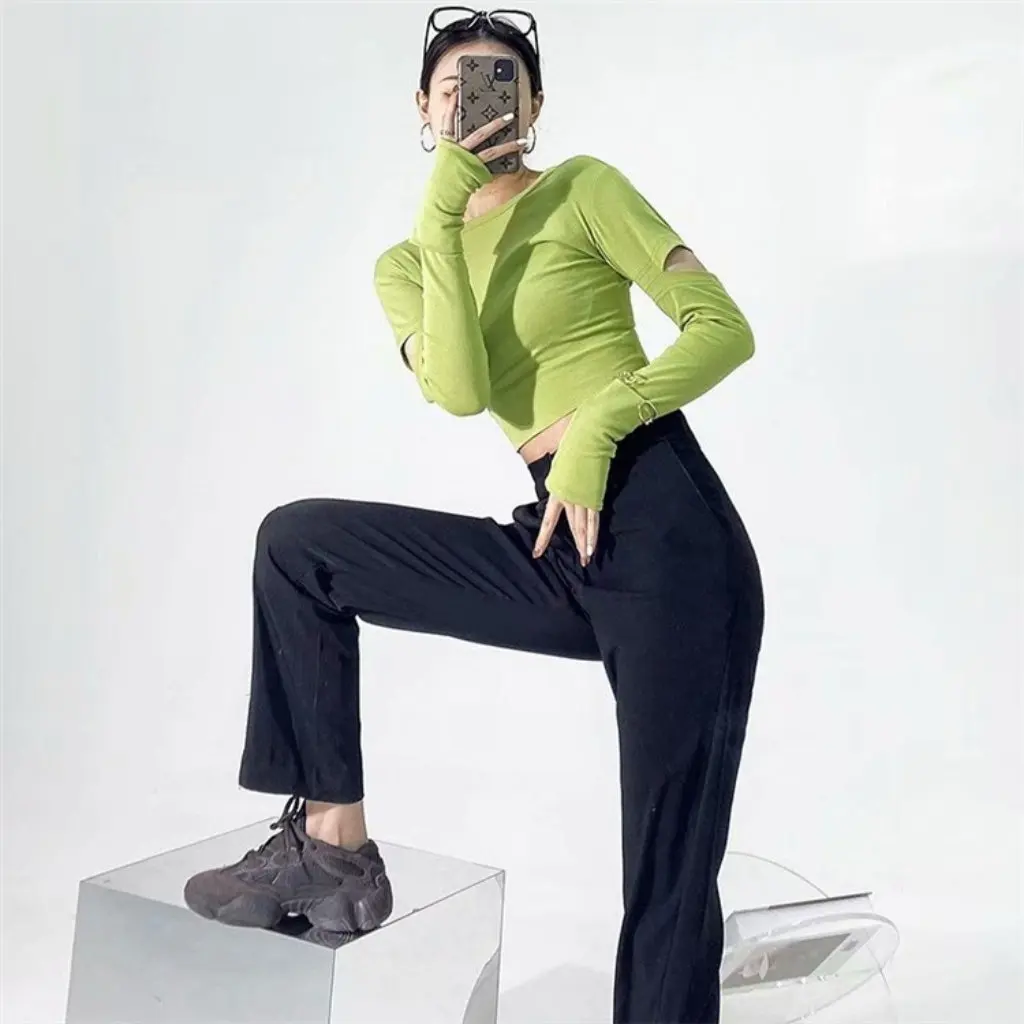 

YPFF High Waist Sleeve Opening Design T-Shirt for Women Spring INS Trendy Slim Fit round Neck Long Short Sleeve Base Shirt