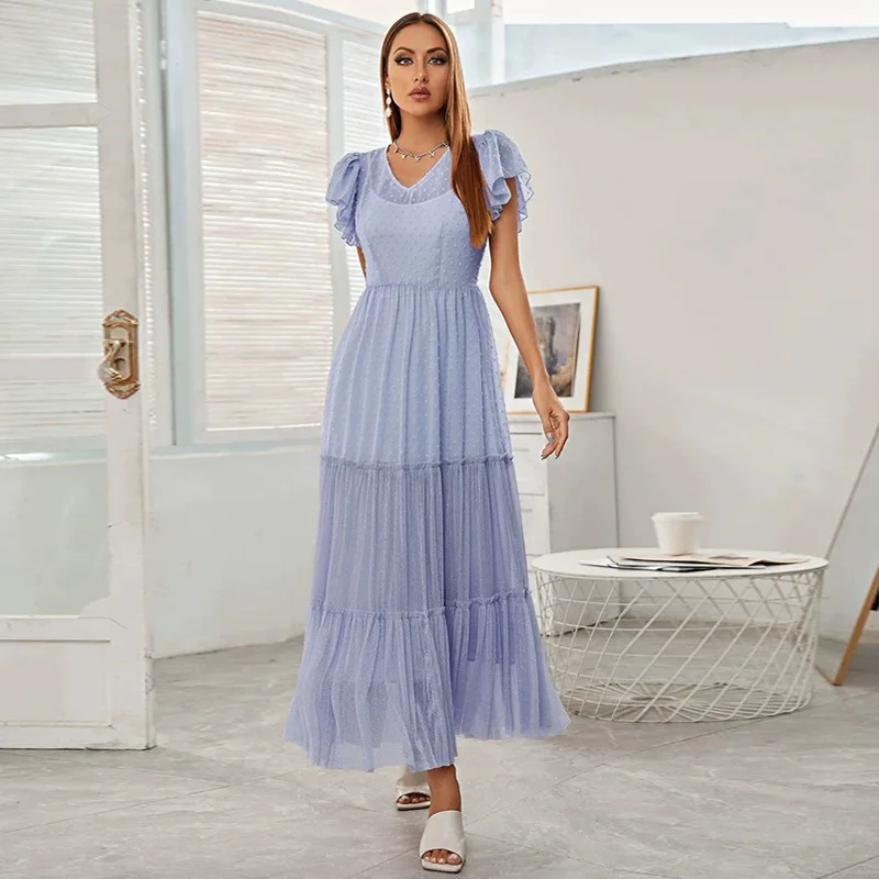 ZG-21647 Women's 2023 Summer New Style Fresh and Elegant Jacquard Mesh Dress with Interior Matching