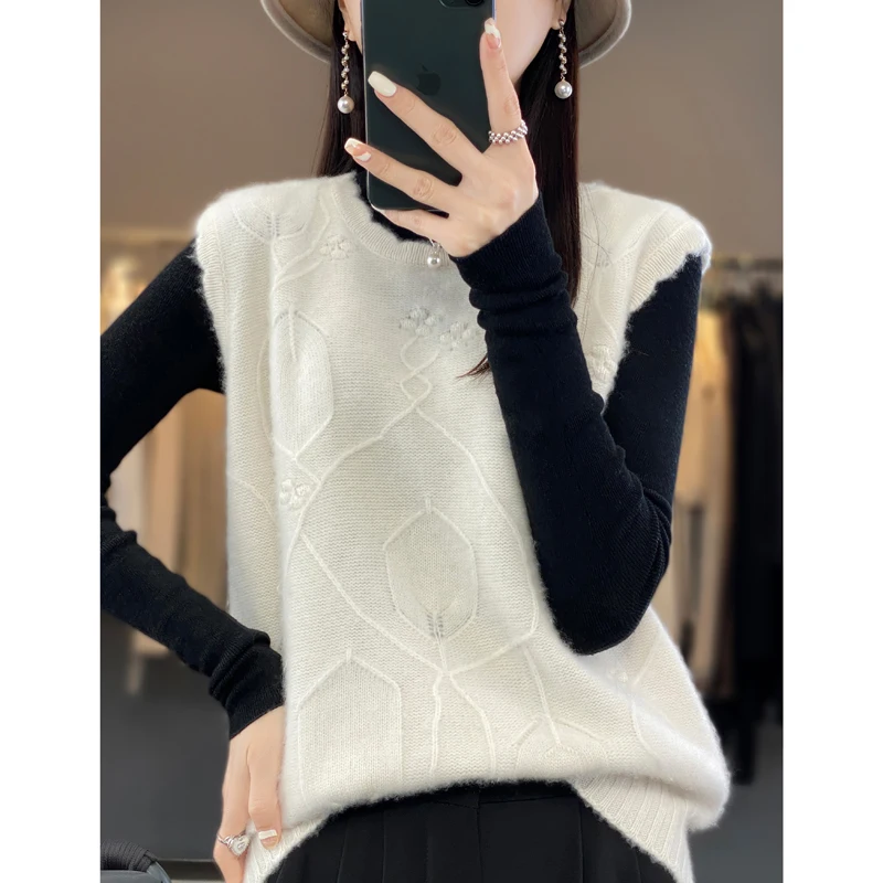 2023 Autumn Winter New Cashmere Sweater Women's Round Neck Sleeveless Head 100% Pure Wool Loose Solid Color Hooked Knitted Vest