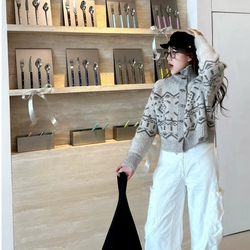 

Повседневный вязаный кардиган с принтом, женский водолазка с длинным рукавом, короткий свитер на пуговицах, осень 2021, модные шикарные свободные женские свитера