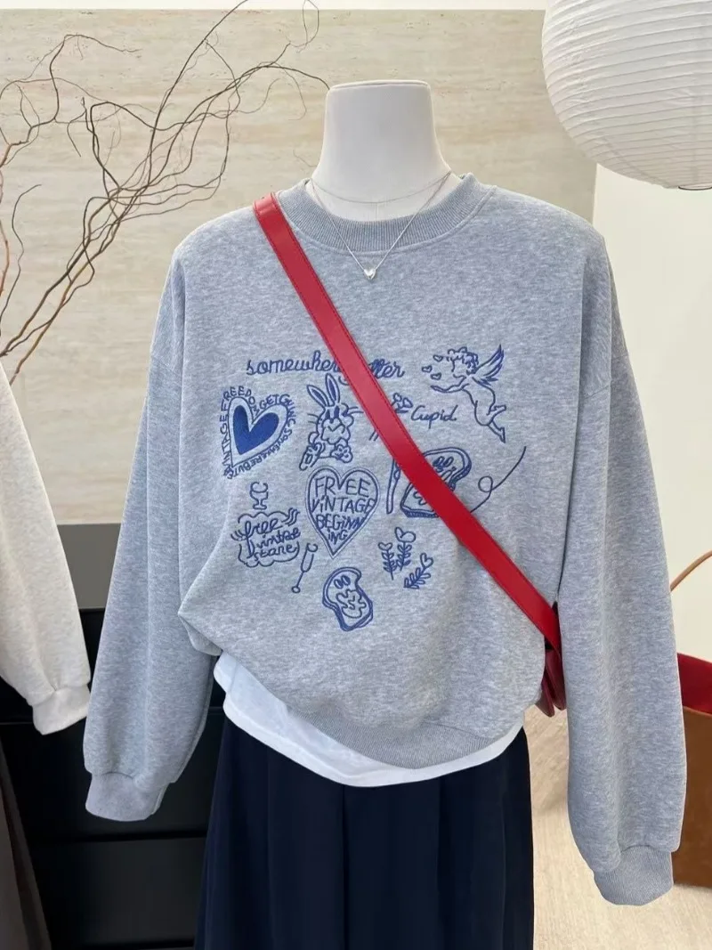 

Толстовка с графической вышивкой, женский весенне-осенний топ с длинными рукавами, пуловеры с кавайными граффити, корейская модная уличная одежда, женская