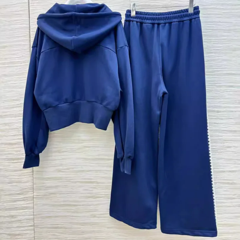 Women Hoodie Sweatshirts Trousers Set Wide-leg Pants Two-piece Suit Zip Up Contrast Color Casual Sports Hooded Jacket High Waist