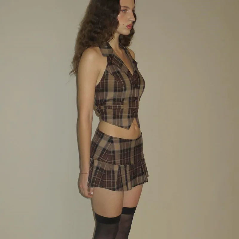 Y2K American Campus Spicy Girl Academy Sweetheart Pretty Girl Plaid Vest Low Waist Pleated Short Skirt Set