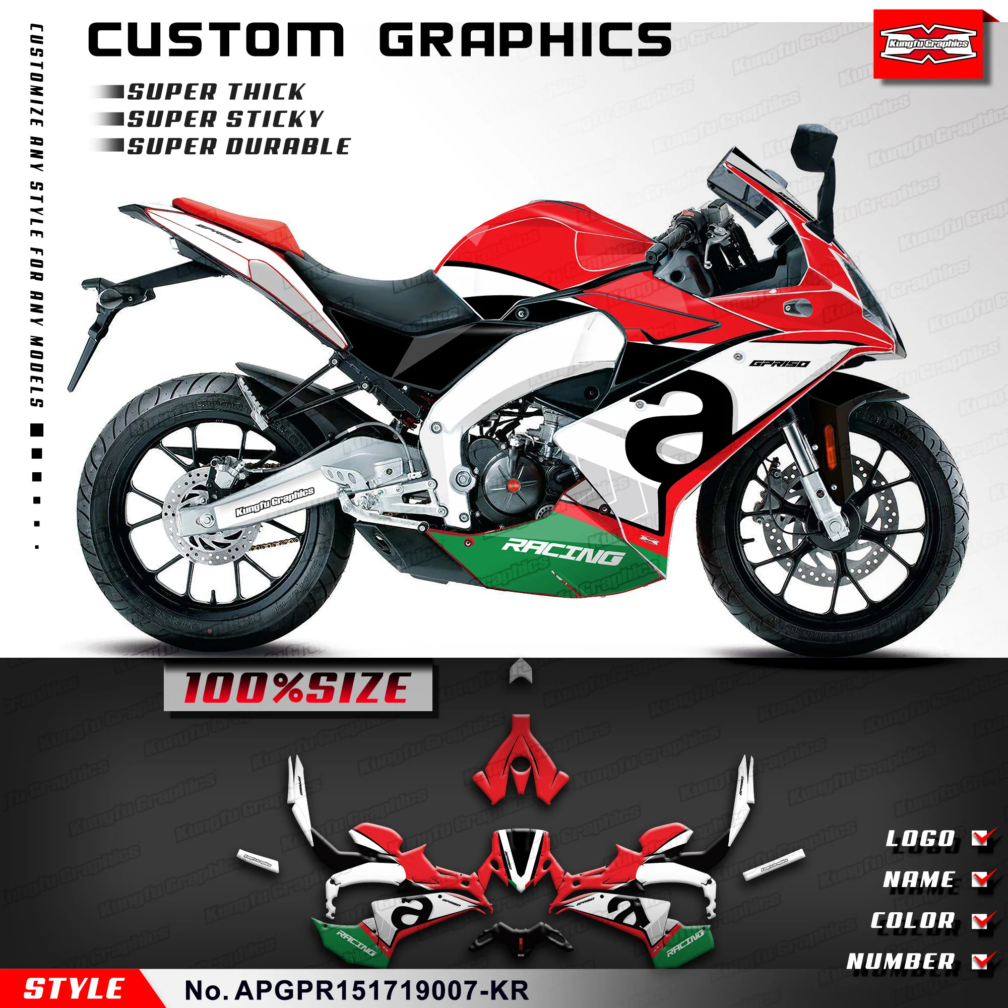 KUNGFU GRAPHICS Motorcycle Stickers Kit Racing Graphics for Aprilia GPR 150 GPR150 2017 2018 2019, Red White,  APGPR151719007-KR