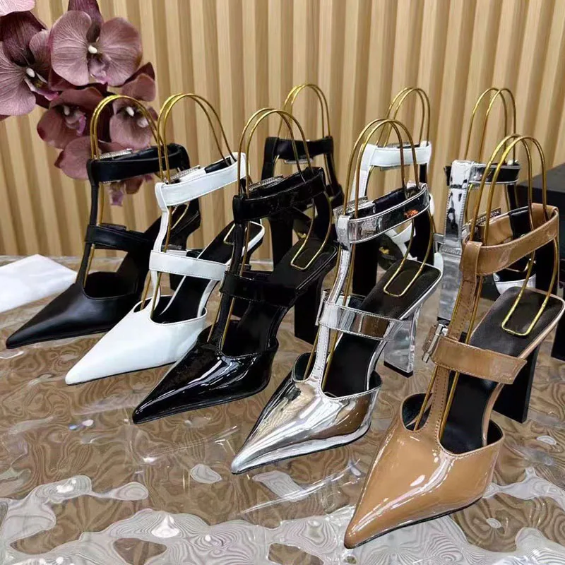 Women Square High-Heeled Shoes Metal Buckles Belt Ankle Straps Dress Pumps Pointed Toe Sexy Patent Sandals