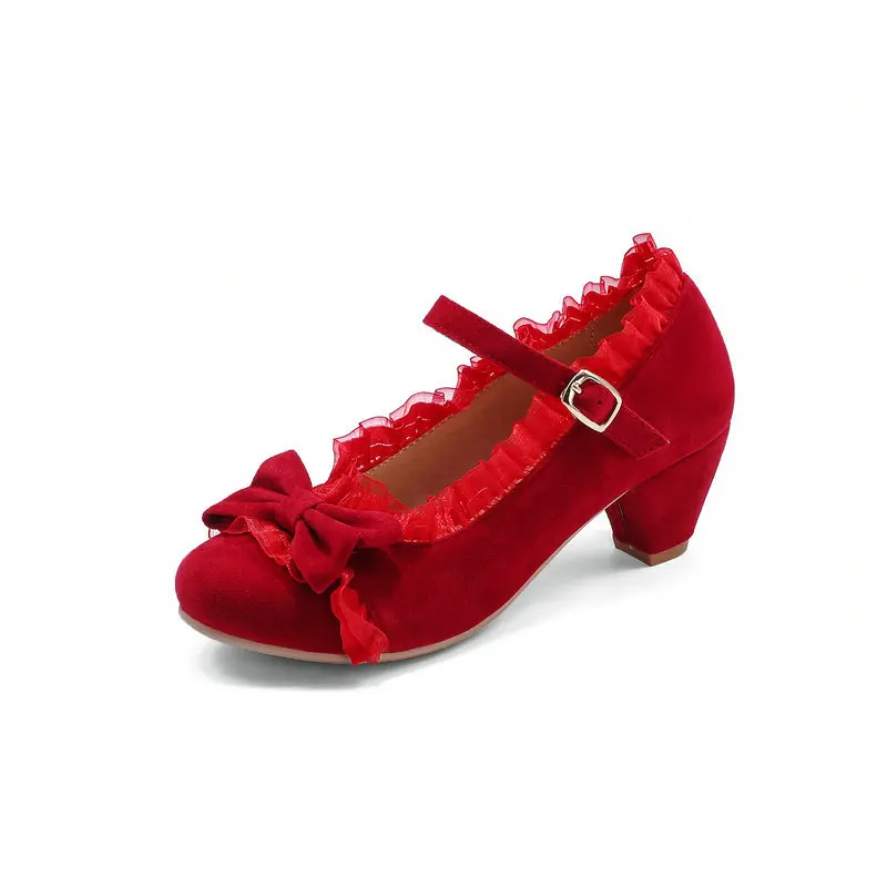 

Lolita Round Toe Chunky Heel Pumps Sweet Lace & Bow Maid Style High Heels Girls JK Shoes34-48