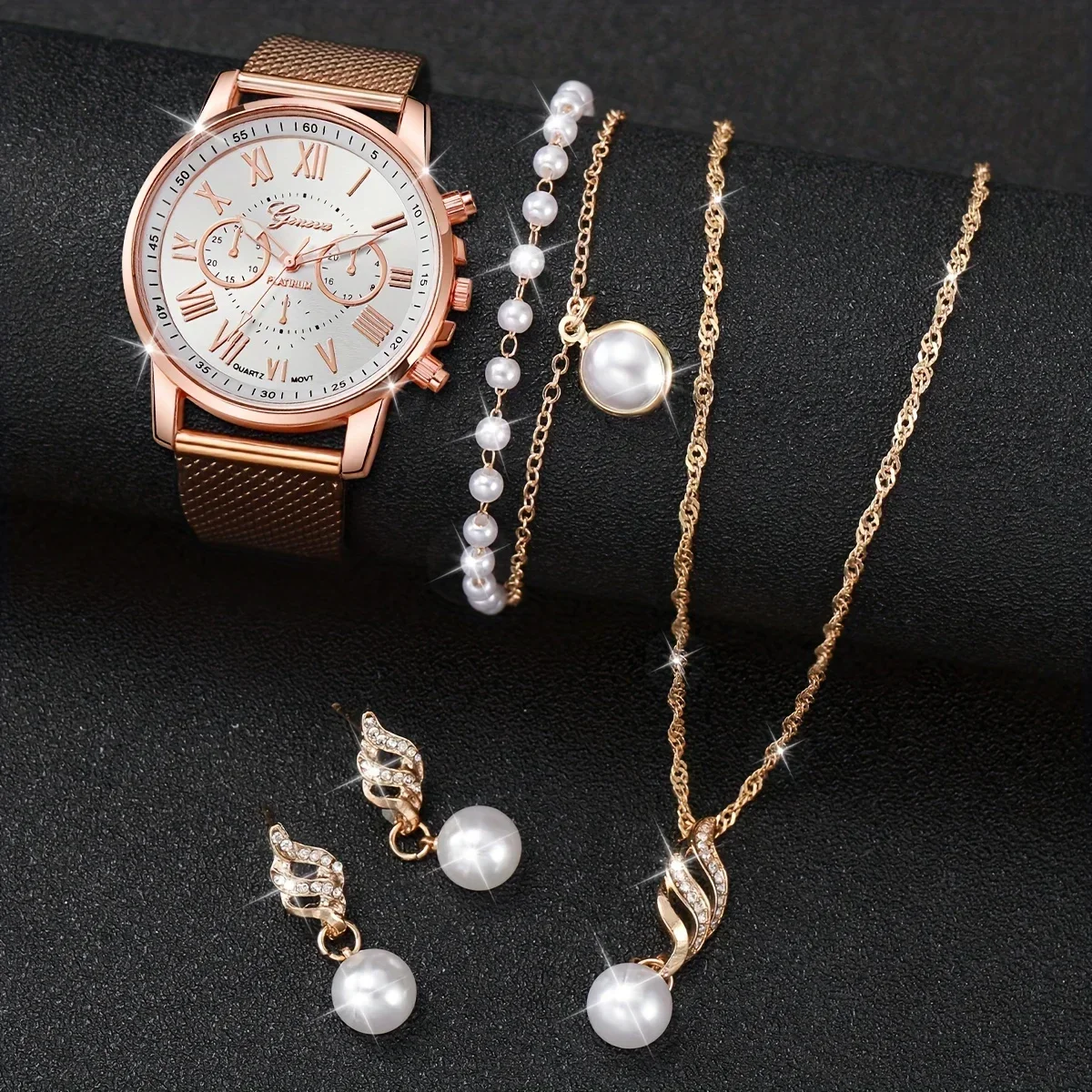 5pcs/set Women's Quartz Watch, Elegant and Stylish, with Adjustable Dial and Versatile Design Set, Gift For Mom Her