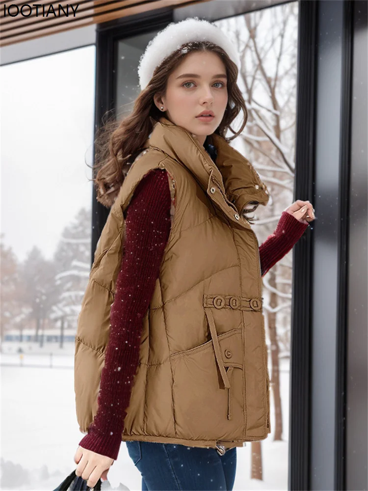 2025 New Design Casual Coat Woman Puffer Vest Winter Jacket Stand Collar Pockets Warm Thick Zipper Coat Woman Winter Clothes