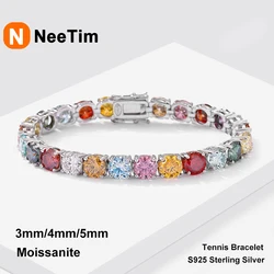 NeeTim 3mm 4mm 5mm Colorful Rainbow Moissanite Tennis Bracelets for Women s925 Sterling Silver Plated White Gold Bracelet Chain