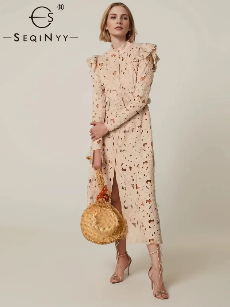 

SEQINYY Elegant Midi Dress Summer Spring New Fashion Design Women Runway Ruffles Hollow Out High Street Holiday Belt