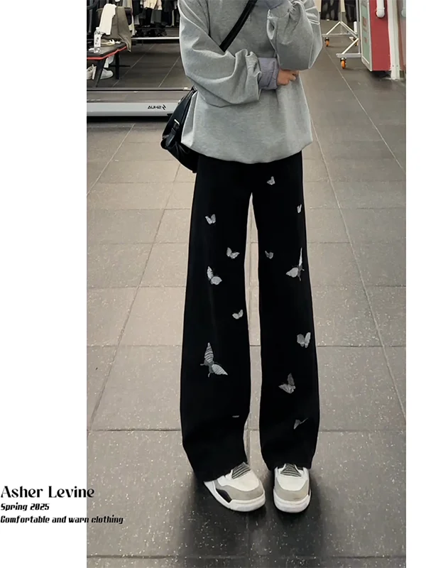 

Bla Embroidery Flared Jeans Men's Casual Straight Leg Denim Pants Autumn Wear Comfortable mid Waist Zipper Fly