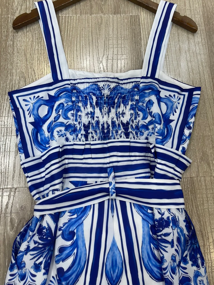 AELESEEN Women Casual Summer Jumpsuit Designer Fashion Spaghetti Strap Blue And White Porcelian Print Belt High Waist Holiday