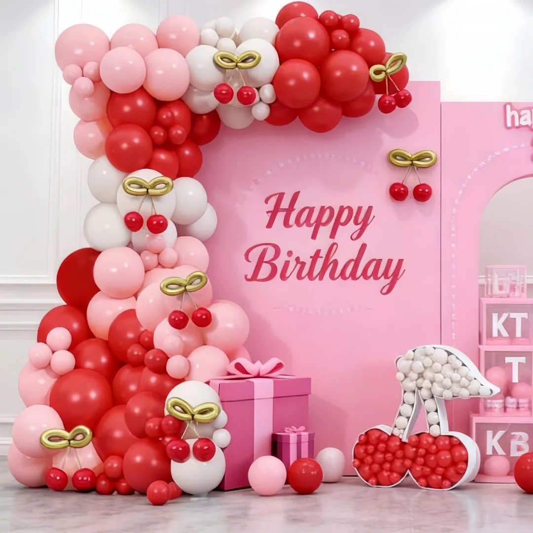 142 rote Kirschthemen-Luftballons mit Bogen-Design, inklusive stilvoller, dicker Latexballons in Rot, Pink und Weiß, ein Set – Detail 9