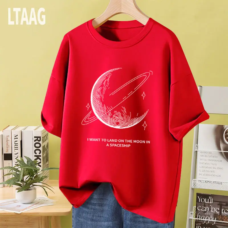 Camiseta feminina lua curvada estampada, camiseta casual solta, blusa confortável com decote em O, camiseta de manga curta, puro algodão básico, pulôver de verão, M-6XL