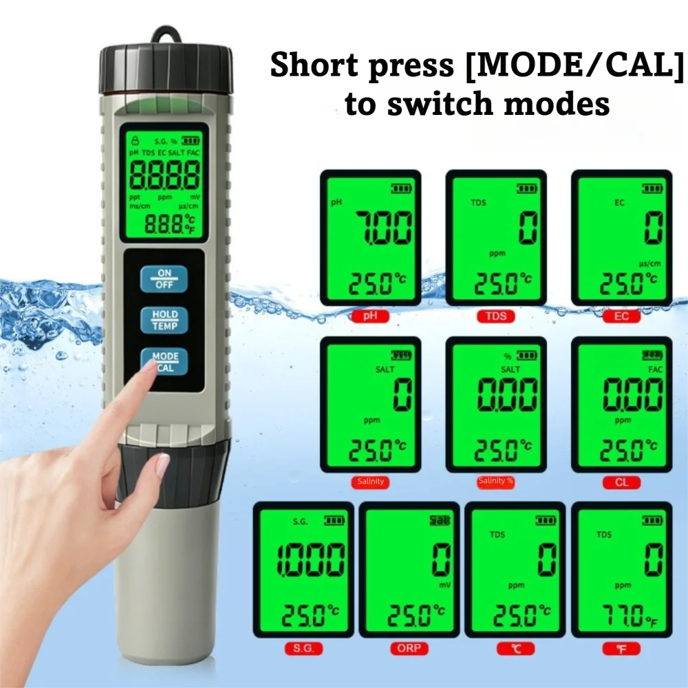 8 In 1 Digital Chlorine Meter Backlight LCD Multi Parameter Water Quality Analyzer Portable Design Professional Water Tester