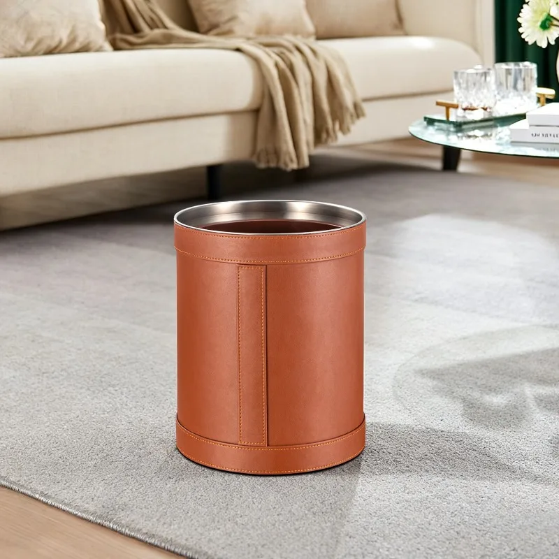 

Leather Trash Can Without Cover Large Capacity Trash Cans Stainless Steel Office Waste Bin Home Living Room Kitchen Waste Bins
