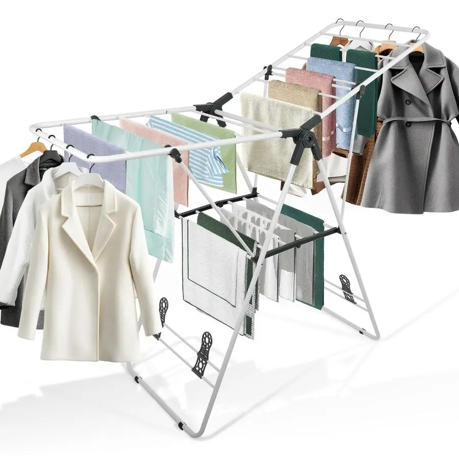 

Drying Rack Foldable, Metal Laundry Drying Rack, with HeightAdjustable Wings, Space Saving, Indoor Outdoor Use, White FreeStandi