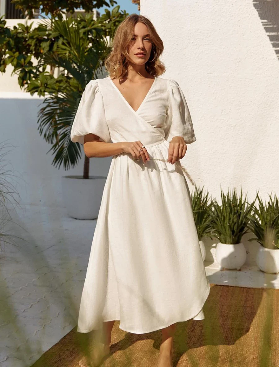 

Wolfeel Summer V-neck Waist Cinched Dress Unique Lantern Sleeve Fashionable Sexy Slit Long Skirt Cotton Women's Casual Dresses