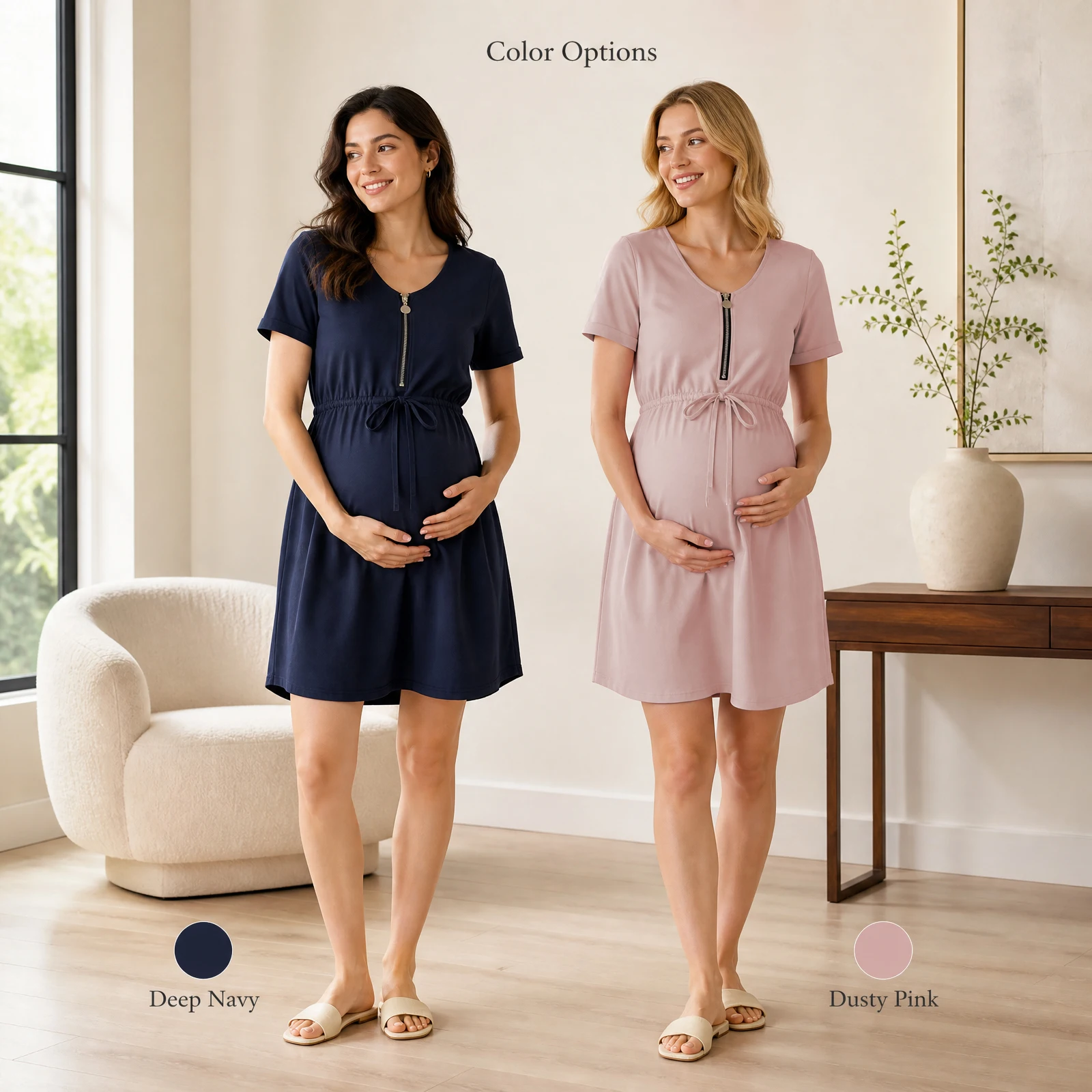 Cotton Maternity Nursing Dress Short Sleeve Front Zipper Breastfeeding Adjustable Waist A-Line Dress with Side Pockets