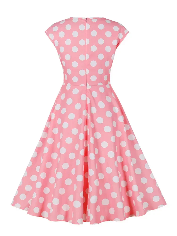 Hepburn Polka Dot Print 50s Vintage Dress Women High Waist V-Neck Cap Sleeve Pink Party Midi Dresses Retro Swing Dress Vestdios