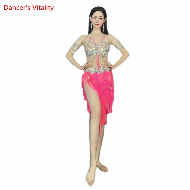 Belly Dance Costume Set for Women Senior Sequins Bra+tassel Short Skirt 2pcs Customzied Oriental Dance Clothing Exotic Dancewear