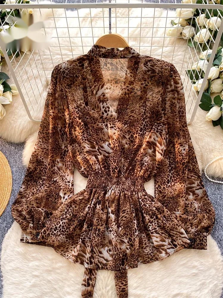 

Feminine Leopard Chiffon Blouse Lantern Sleeve Deep V Neck Lace Up Spring Flirty Top 1950s Chic Sexy Office Lady Shirt