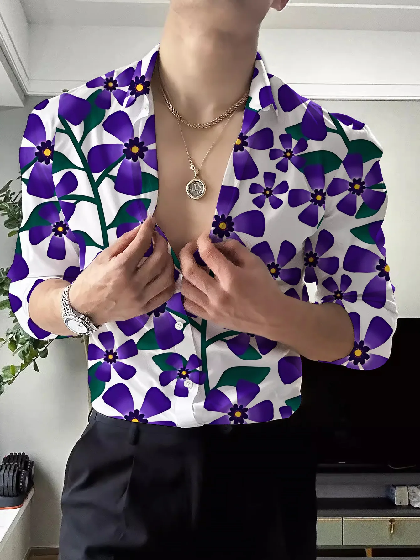 Men Long Sleeve Button‑Down Shirt Purple Floral Leaf Print Polyester Lapel Collar Casual Holiday Top