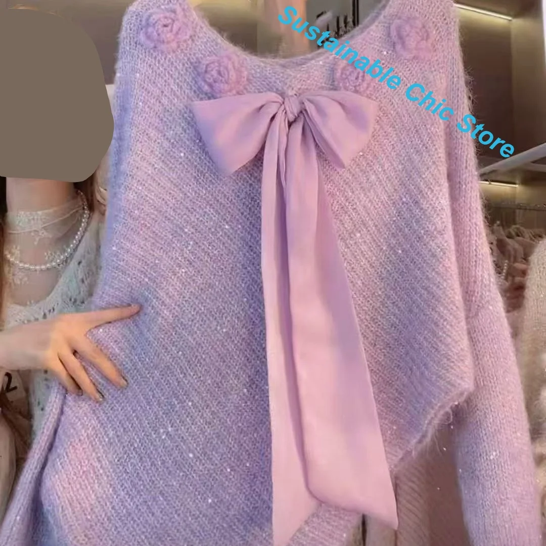 French tender temperament age-reducing bow with sequined sweater sweater women's autumn and winter high-grade design loose top