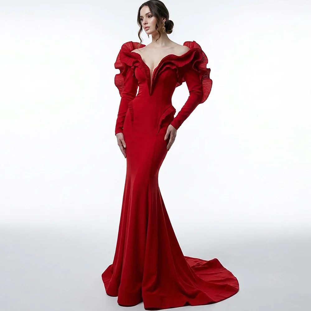 

Exquisite Ruffles Organza Evening Dress Modern Strapless Long Sleeves Celebrity Gowns Classic Jersey Mermaid Vestido De Noche