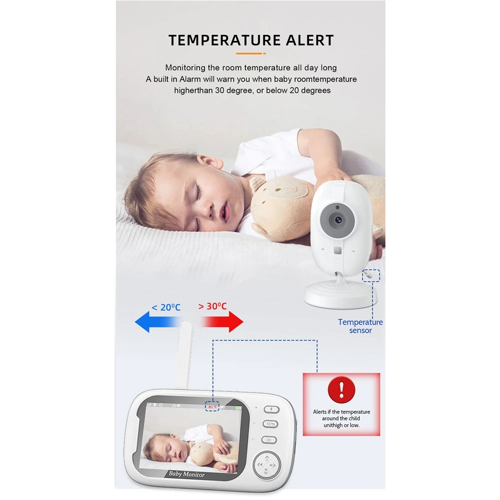 Video Baby Monitor, Baby Caregiver, 3.5Inch IPS Screen Baby Camera Monitor Lullaby Feeding Alert,EU Plug Durable