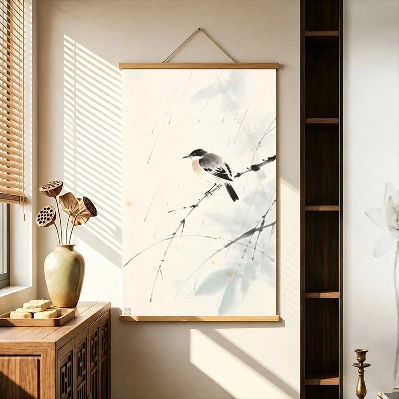 Wall Decorations Small Birds on Delicate Ink Branches, Chinese Botanical Pearlescent Canvas Wall Hanging Scroll for Reading Nook