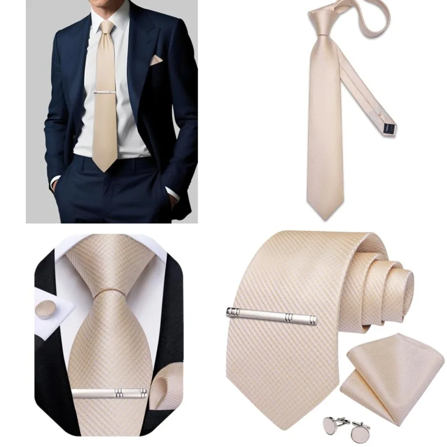 

Plaid Ties for Men Silk Checkered Necktie and Pocket Square Cufflinks Tie Clip Set with Gift Box for Wedding Business, Champagne
