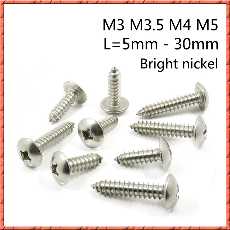 200pcs/lot M3 M3.5 M4 M5 nickelage Truss head philips self tapping screw Large flat head tapping screw Flat head Bright nickel