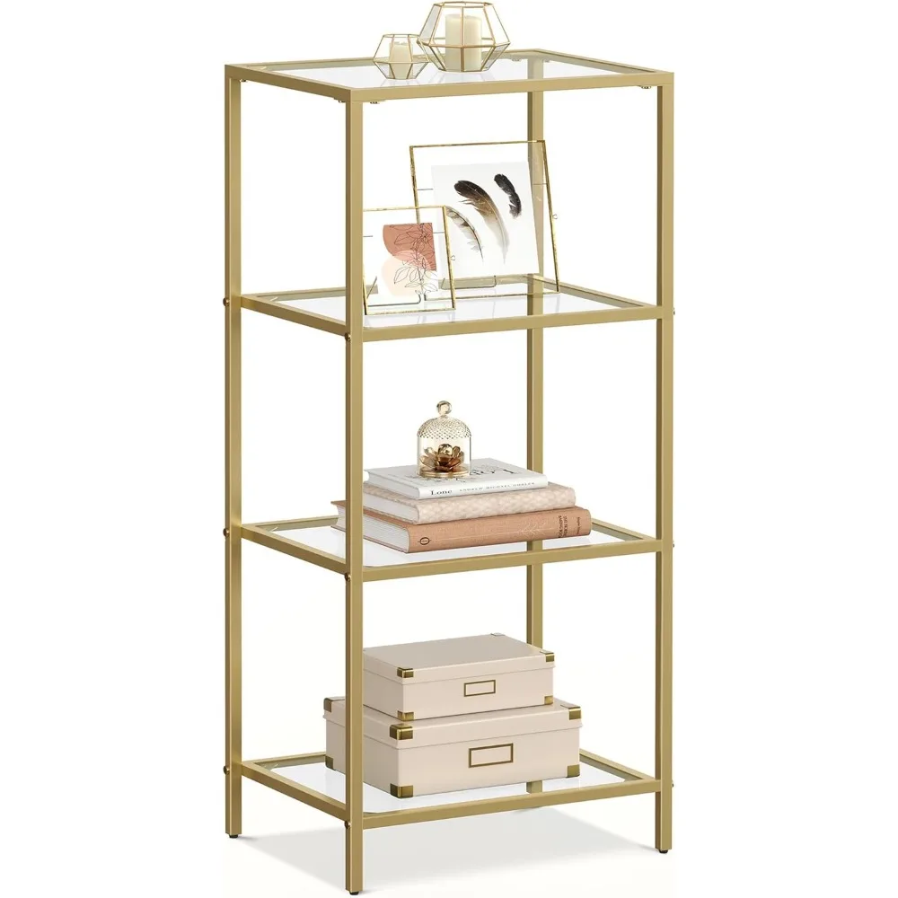 

4-Tier Slim Bookshelf with Tempered Glass & Steel Frame, Metallic Gold for Bedroom, Bathroom, Home Office