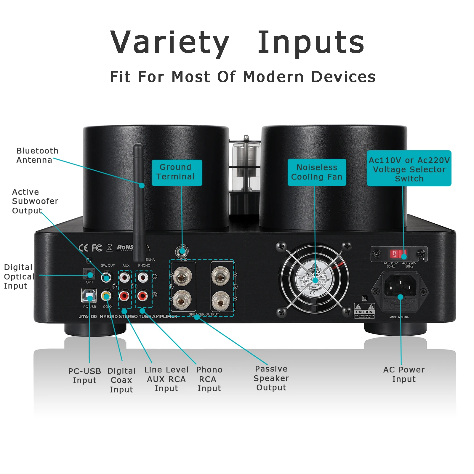 Juson Audio JTA100 200W เครื่องขยายเสียงหลอดวาล์วสูญญากาศ BT5.0 Hifi สเตอริโอ USB RCA Opt ระยะไกล Phono หูฟัง 2.1CH สําหรับ Turntables