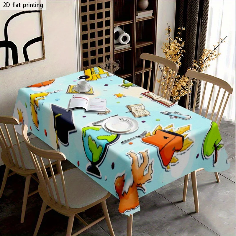 1pc Soft Fashionable Aesthetic Campus Element Cartoon Pattern Tablecloth, Machine Washable, Easy to Clean, for Dining Table / Co