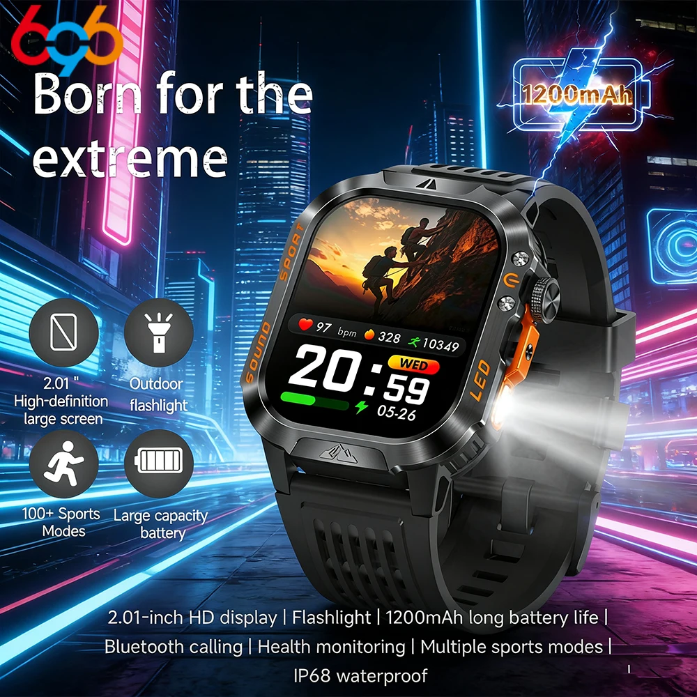 

BT Call LED Flashlight Smart Watch Men Compass IP68 Waterproof Outdoor Sports Curved HD Screen Clock 1200mAh Smartwatch Health