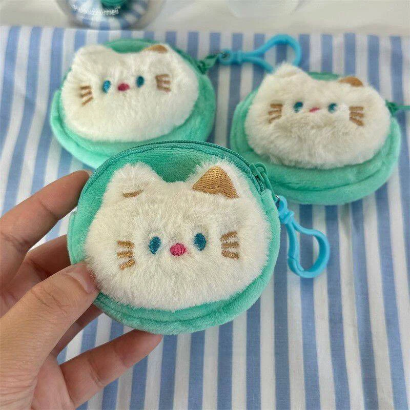 Plush Blue Eye Cat Coin Purse Cute Women's Zipper Wallet Earphone Storage Bag Keychain Pendant