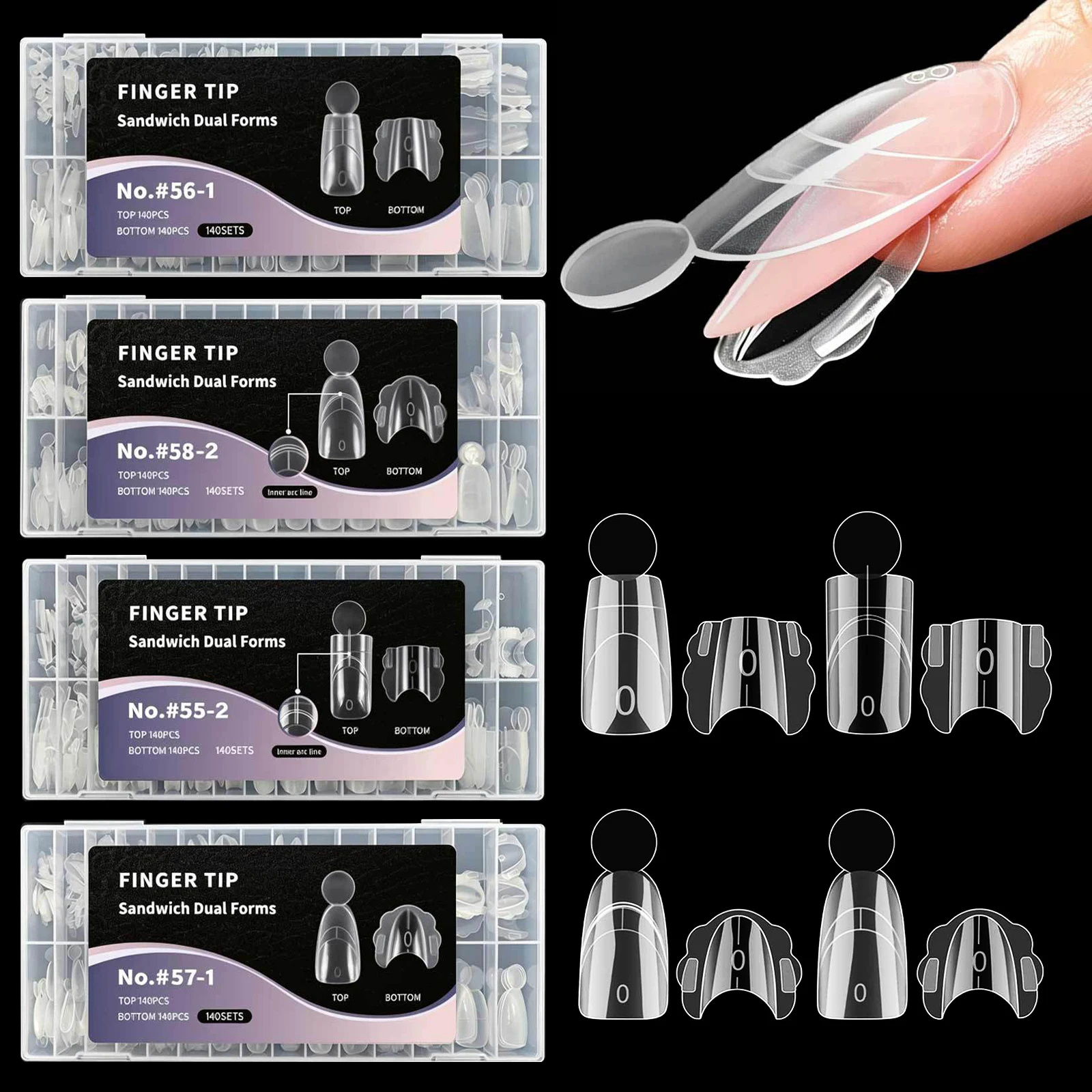 140pcs Short Sandwich Dual Nail Extension Forms Almond Crystal Tips with Inner Curve for Acrylic&UV Gel Nail Quick Extension