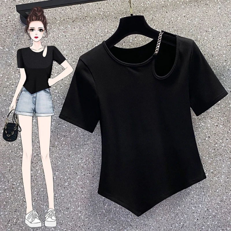 Asymmetrical Hollow Out Solid Youth Street Casual Tops Women Clothes Short Sleeve Plus Size Trend T Shirts Fashion Korean Summer
