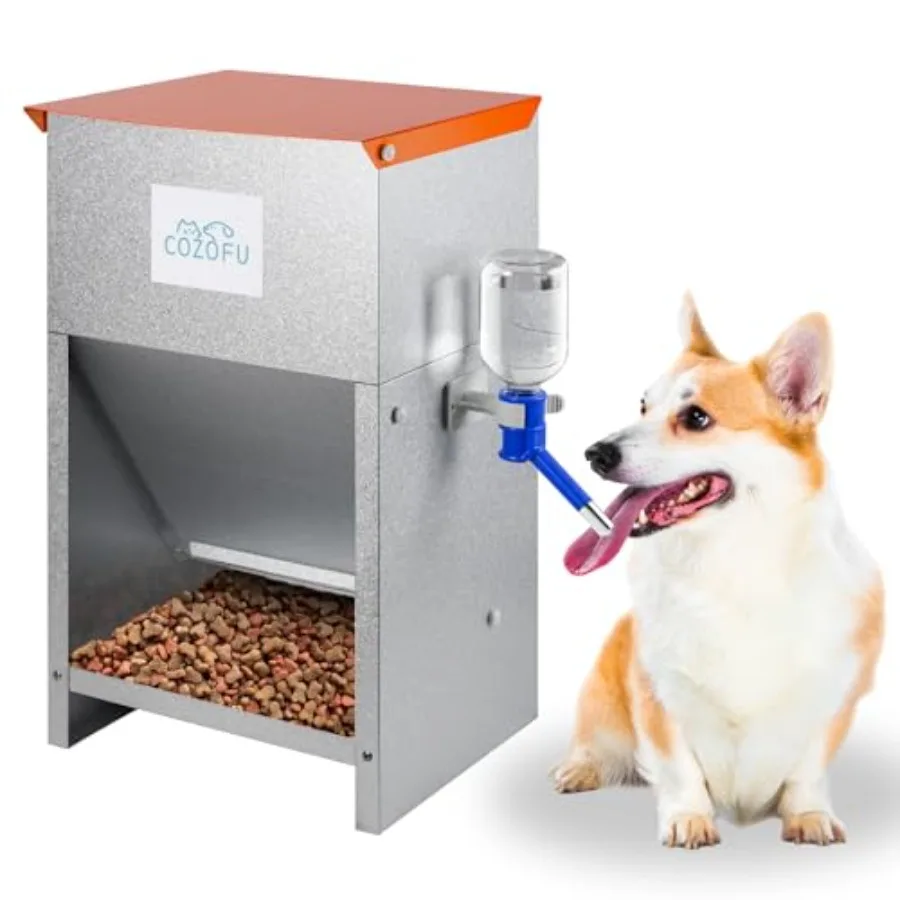 

Indoor/Outdoor Automatic Gravity-Fed Dog Feeder with Water Bowl Galvanized Steel, Gray, 25lb Heavy-Duty Kibble Dispenser
