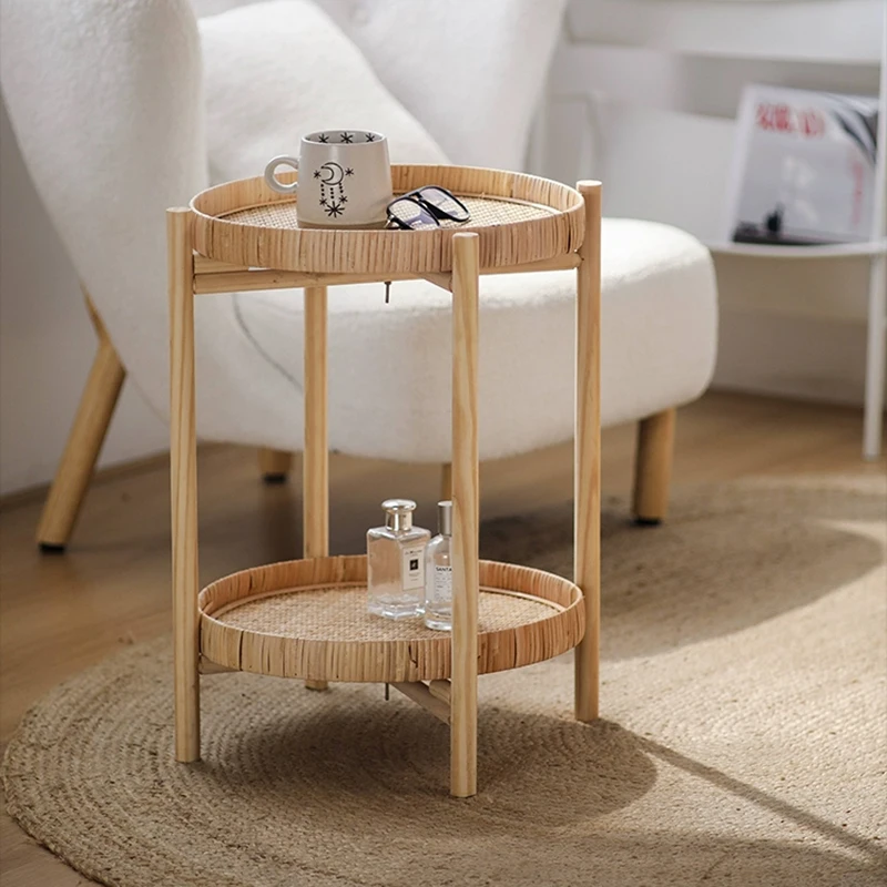 Rattan Double Layered Tea Table,Solid Wood Coffee Table,Living Room Sofa Side Table,Creative Round Storage Desk,Modern Furniture