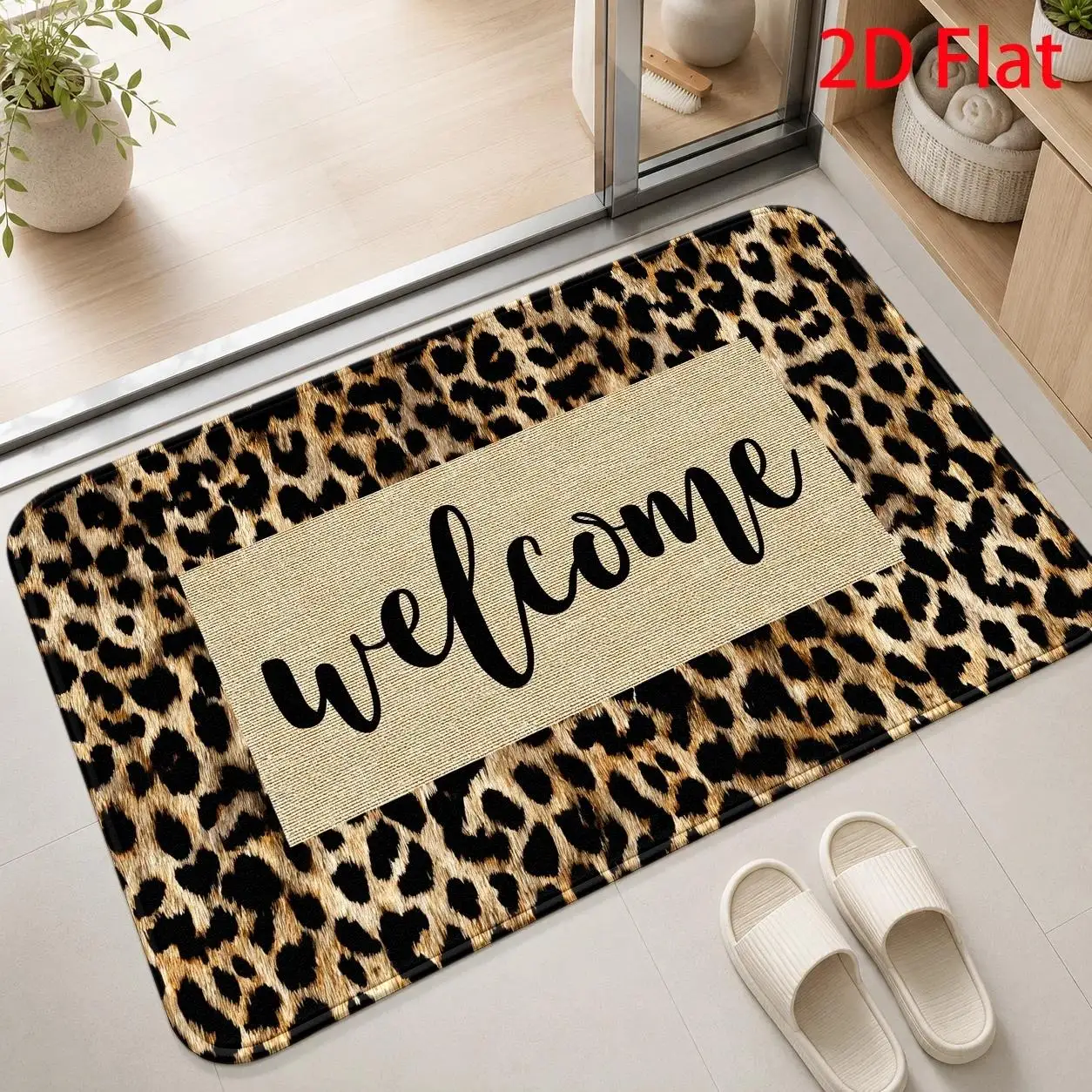 Leopard Print Welcome Script Modern Rug For Contemporary Entrance Stylish Greeting Doormat Design