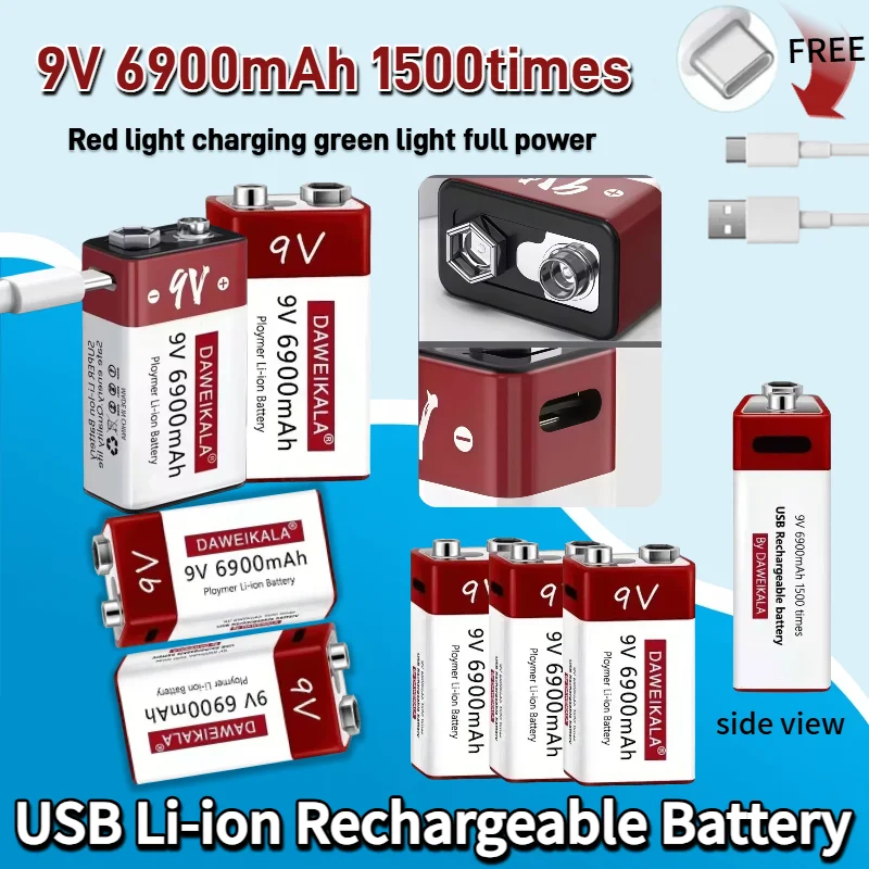 

9V Battery 6900mAh li-ion Rechargeable battery Type-C Batteries 9v USB lithium for Multimeter Microphone Toy Remote Control