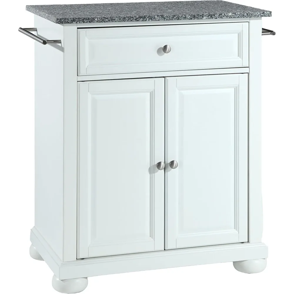 

White Rolling Kitchen Island Cart with Granite Top, Portable Storage and Microwave Stand