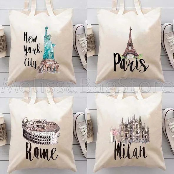 نيويورك باريس لندن روما سيتي طباعة المرأة مدرسة رسول حقائب الكتف السيدات حقيبة يد سعة كبيرة حقائب قماش عادية