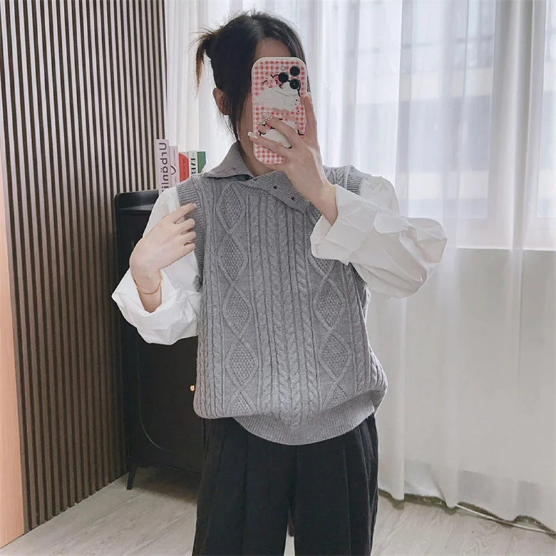 Splicing fake two-piece knitted shirt for women 2024 autumn and winter new fashion pullover loose pullover sweater top