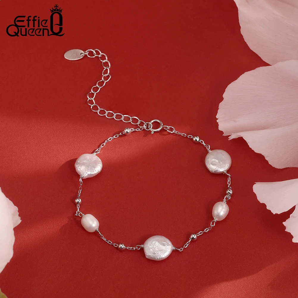 EFFIE QUEEN Real 925 Silver Freshwater Pearl Bracelet Ladies Natural Pearl Chain Bracelet Jewelry Mother Birthday Gift GPB59
