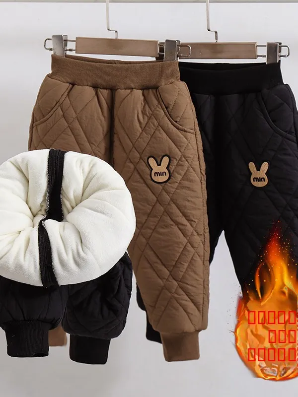 

Детские зимние хлопковые брюки с теплой флисовой подкладкой для девочек, модные длинные брюки с высокой талией и дизайном «Маленький кролик» с ромбовидным узором