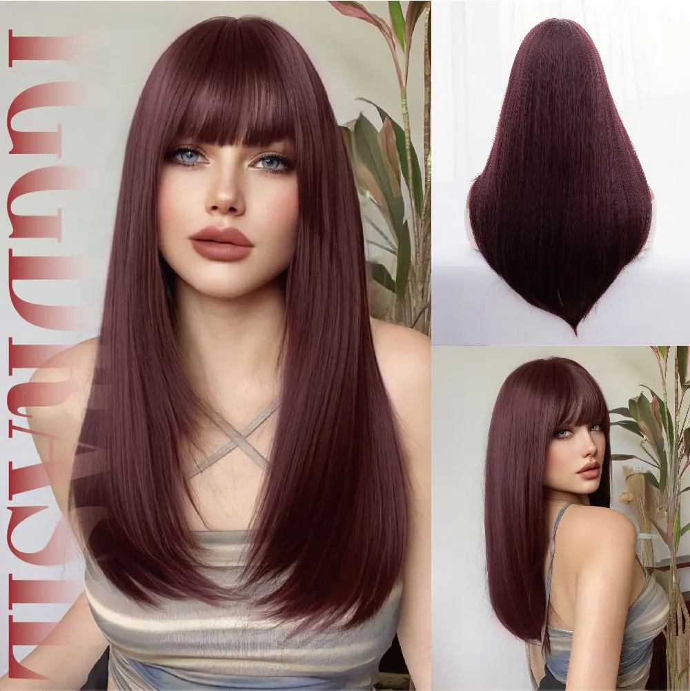 

22Inch Vintage Deep Red Synthetic Wigs With Bang Medium Natural Straight Hair Wig for Women Daily Use Cosplay Heat Resistant